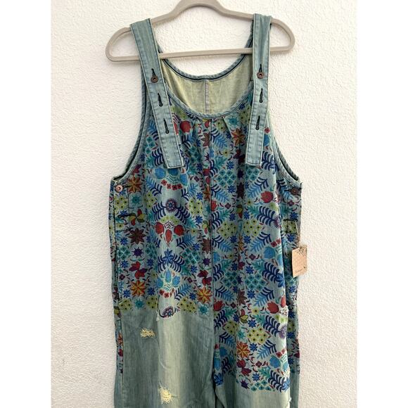 MONTHORIGIN Womens XL Art to Wear Floral Print Denim Wide Leg Jumpsuit Lagenlook - Picture 2 of 6